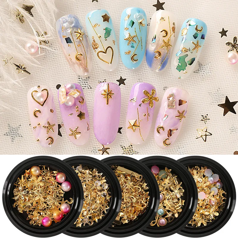 3D Nails UV Gel Polish Candy Bead Design Studs Moon Stars Rhinestones False Manicure Metal Mix Pearl Stones Rivet Nails Charm