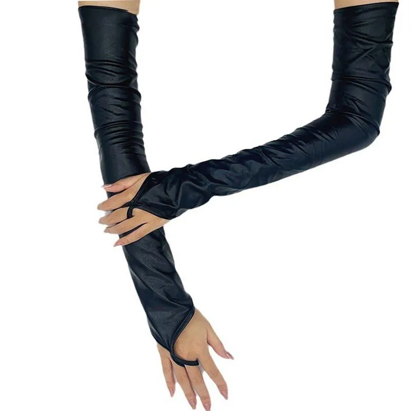 Sexy Women\'s Lacquer Leather Gloves Halloween Cosplay Nightclub Stage Performance Pole Dance Arm Sleeves Hook Finger Long Mitten