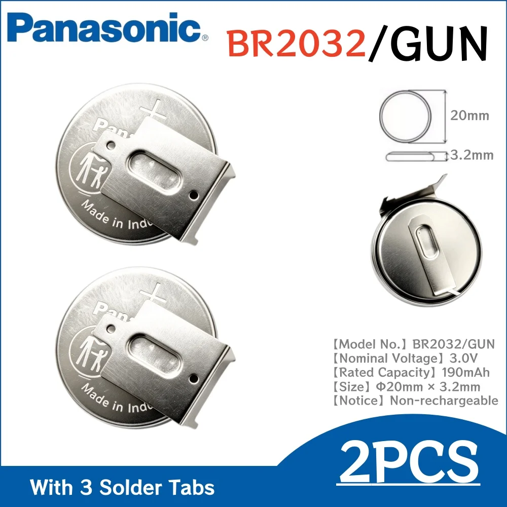 1-10PCS Original Panasonic BR2032/GUN 3PIN 3V High Temp Lithium Battery with Solder Tabs Horizontal 3-Pin Mounting