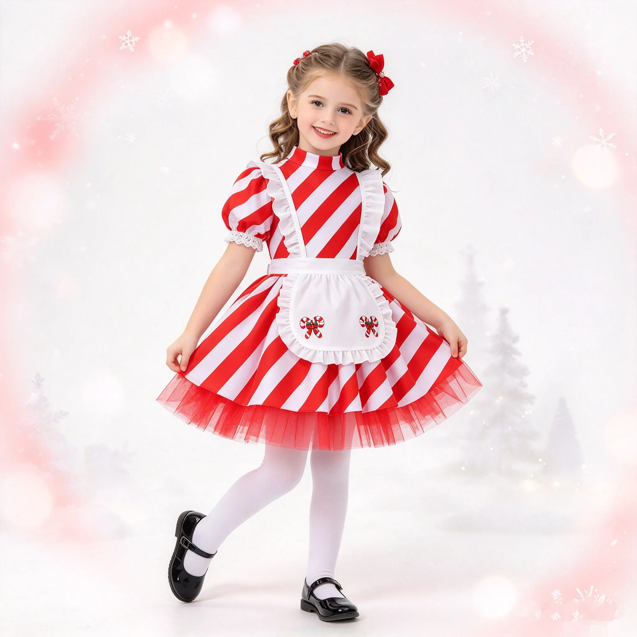 Kids Girls Christmas Party Dress with Apron Puff Sleeve Zipper Tulle Santa Dresses Xmas Carnival Candy Cane Striped Costume
