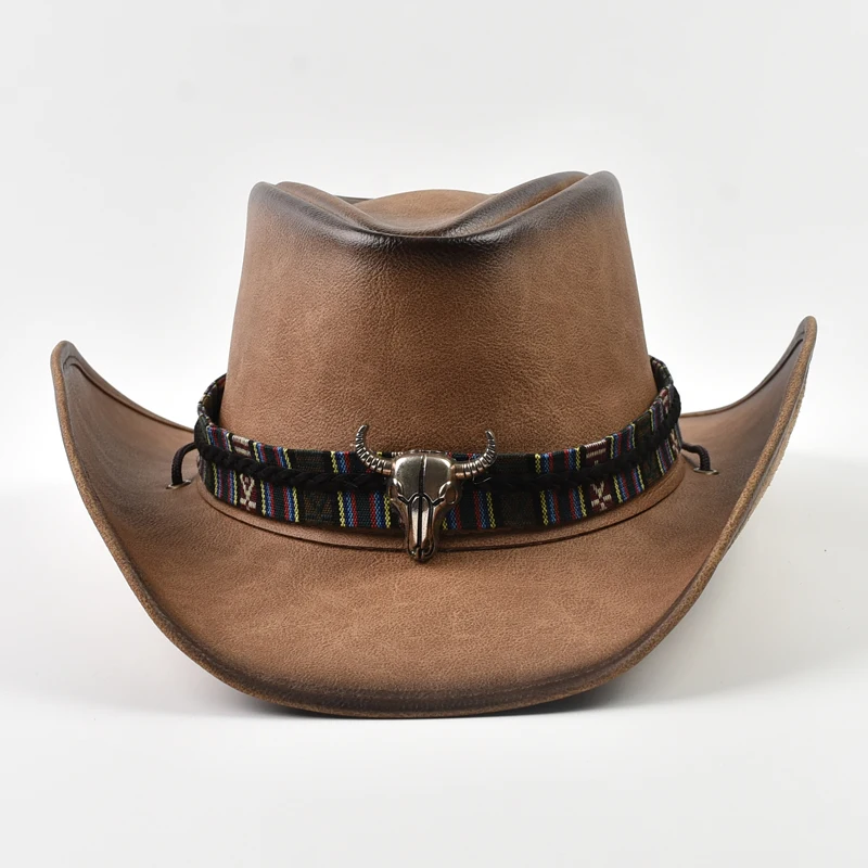 100% Leather Western Cowboy Hat Men Wide Brim Gentleman Church Jazz Cap Cowgirl Hats Sombrero Hombre