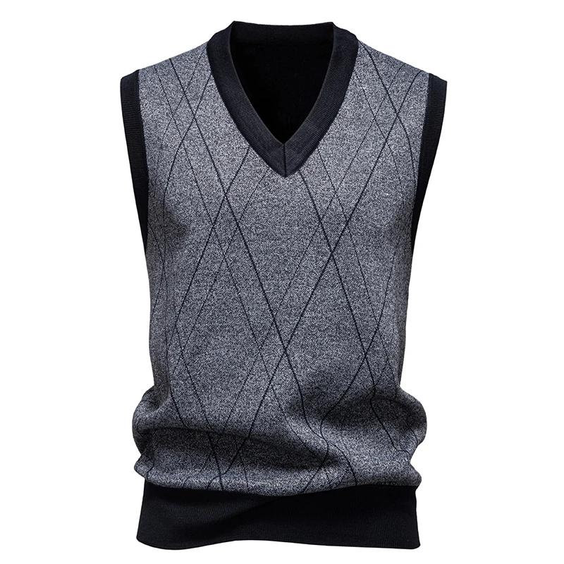 

Мужские толстые свитера Argyle, жилеты, классический трикотаж с v-образным вырезом, пуловер без рукавов, осенне-зимние теплые майки