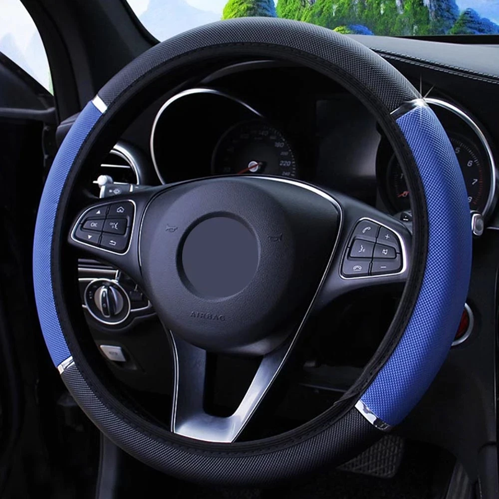 Universal Car Steering Wheel Cover Metal Strip Anti Slip Pattern Faux Leather Covers for 37 - 38cm Diameter Auto Steering Wheel