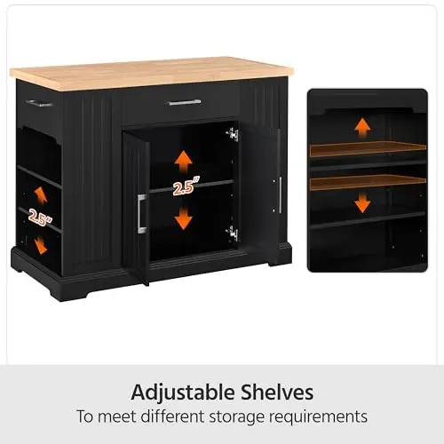 Rolling Kitchen Island Cart with 3 Drawers & Open Shelves, Black | Mobile Kitchen Island with Storage on Wheels with image 6