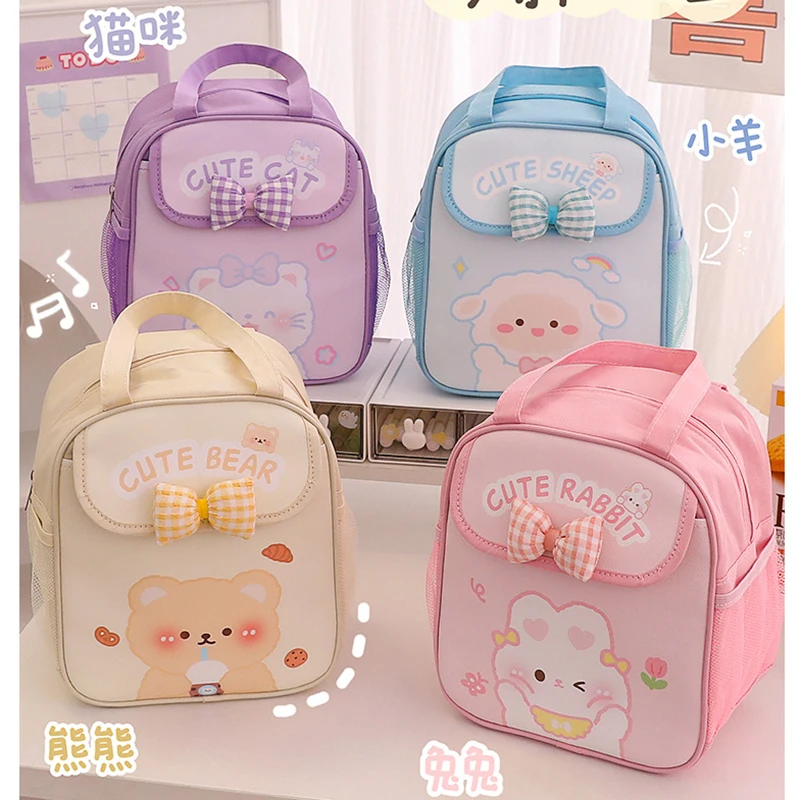 Cute Portable Lunch Box for Kids Pink Bow Bunny Thermal Insulated Lunch Bag Bento Pouch Kawaii Container School Food Storage Bag