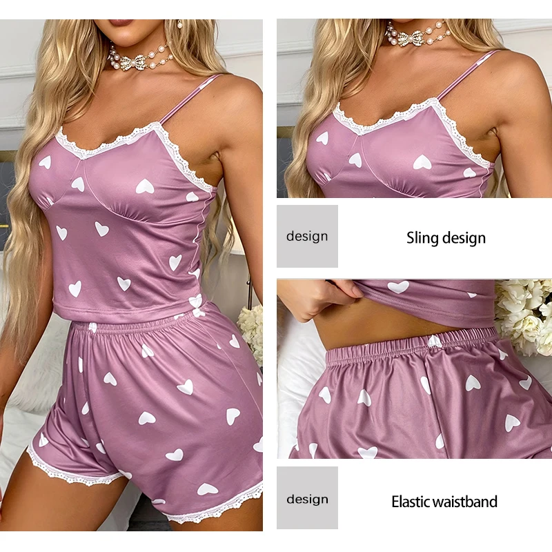 Sexy Two-Piece Pajama Set Heart-Shaped Printed Lace Lace Lace Round Neck Vest Shorts Home Clothing Set