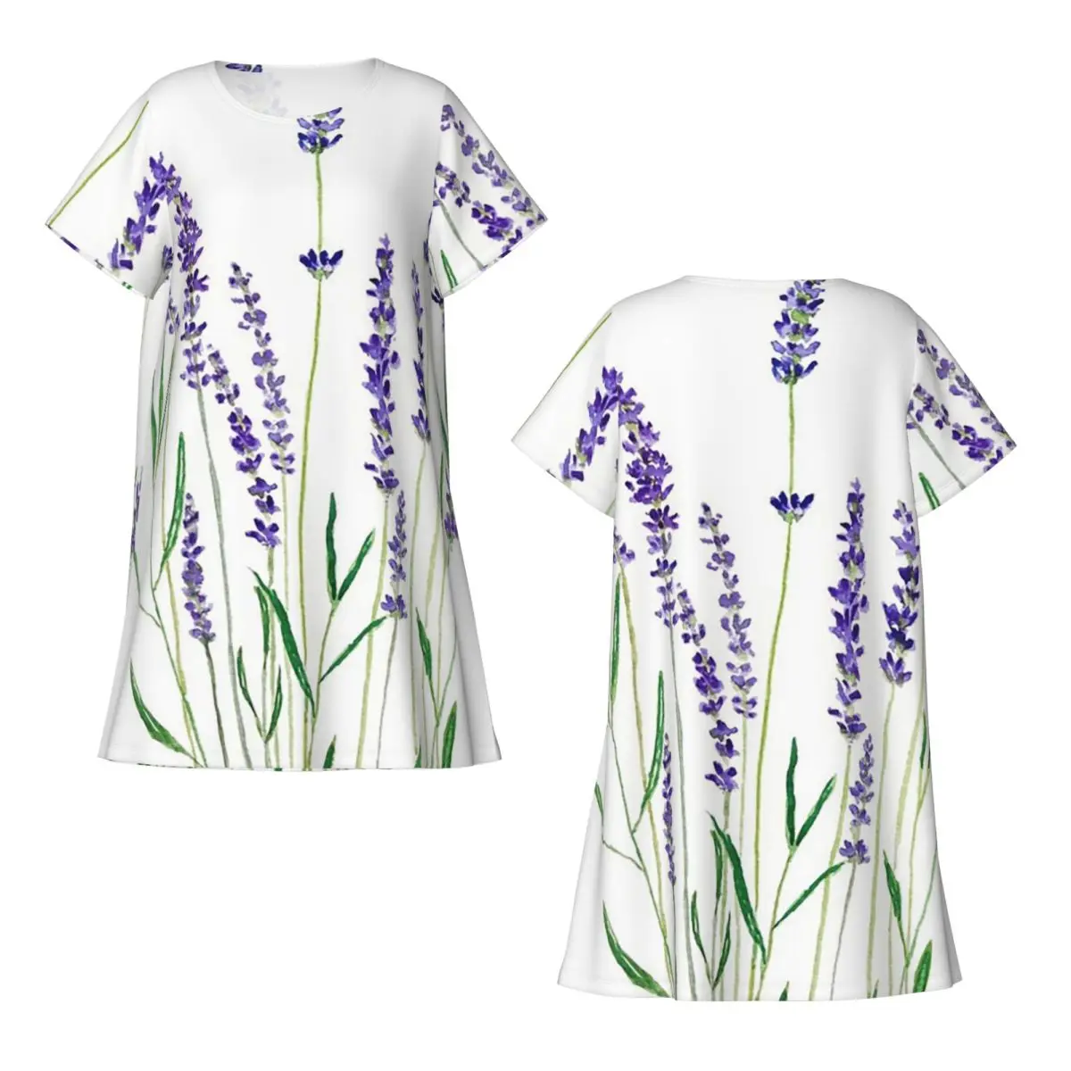 Hand Painted Purple Lavender Short Sleeves Nightdress For Sleeping Sleepshirts Women Short Sleeve Nightgowns Loose Pajama Dress