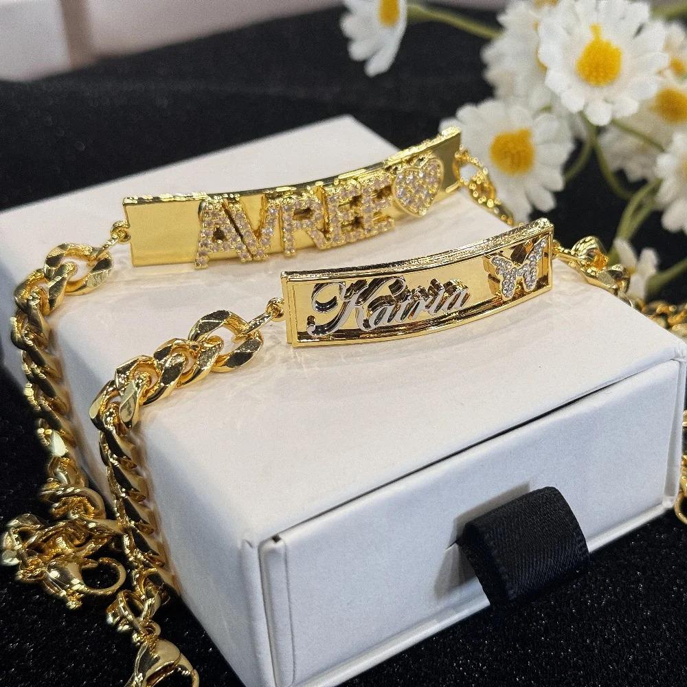 

DUOYING Custom 9mm Zircon Letter Bracelet Cuban Chain Double Layer Name Butterfly Tone Bracelet Gift For Women