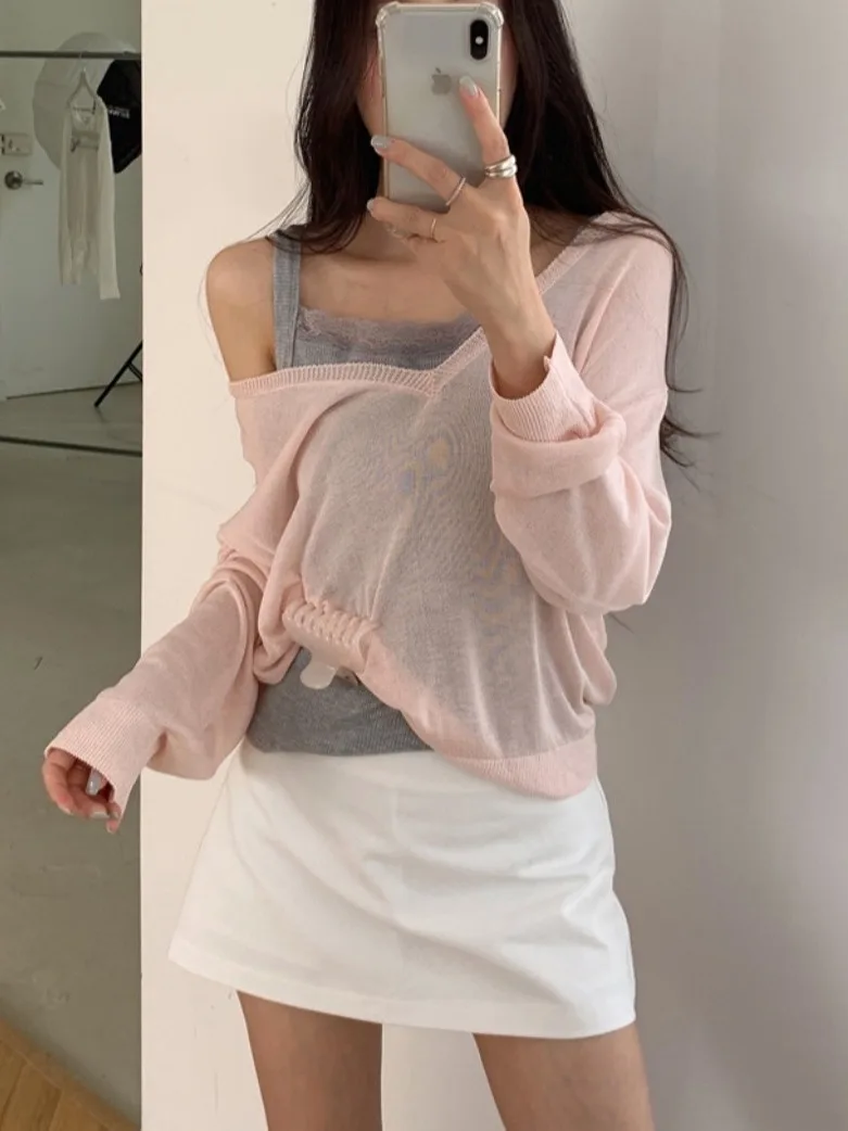 Chic V-Neck Long Sleeve Knitted Top Women's Thin Transparent Style French Style Polyester Fiber UV Protection Autumn New Arrival
