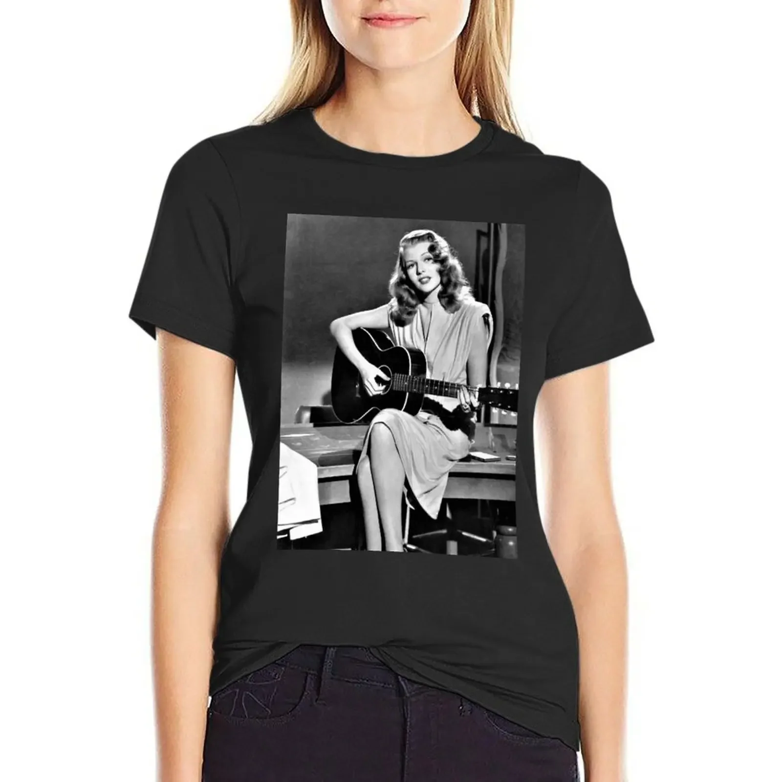 

Rita Hayworth playing guitar in movie Gilda T-Shirt funny anime clothes t-shirt dress for Women sexy