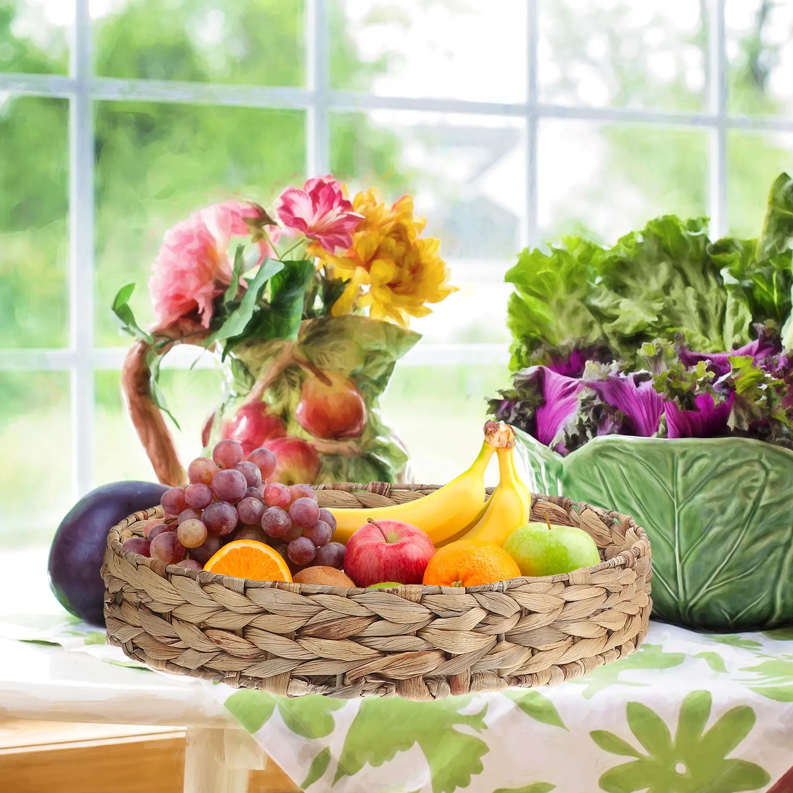 

2Pcs Woven Storage Basket Fruit Tray Organizer Rattan Iron Storage Box for Kitchen Dining Room Woven Bread Basket