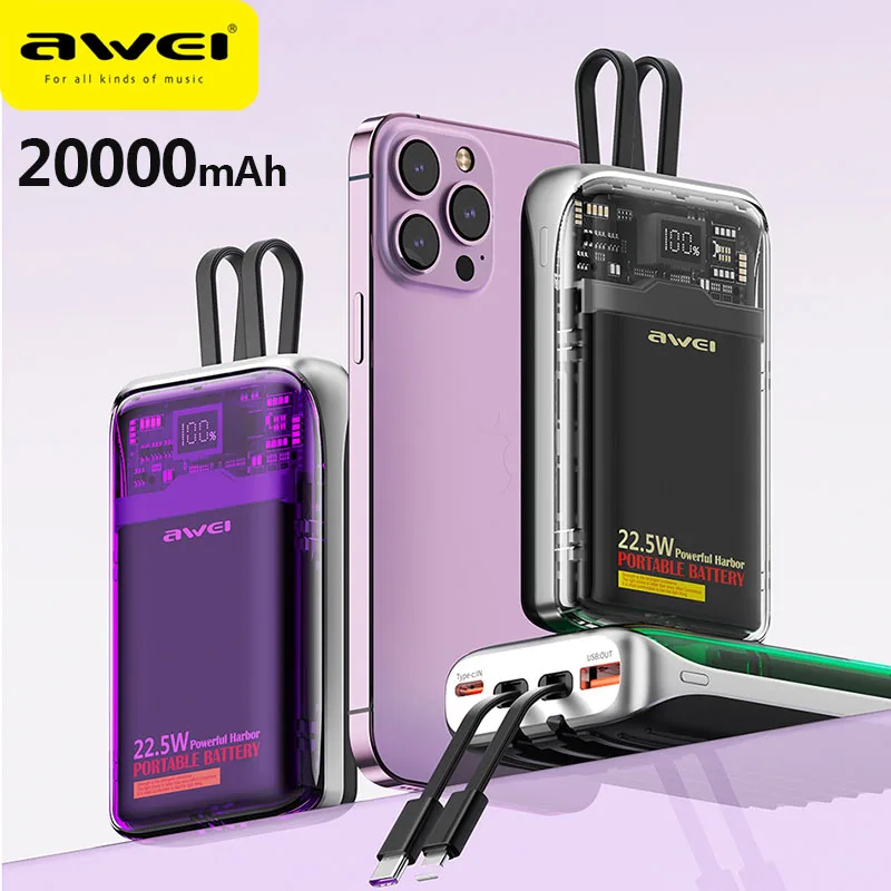 

Awei P14K Portable Power Bank 20000mAh for iOS and Android PD 22.5W Fast Charge External Battery Outdoor Powerbank With Cable