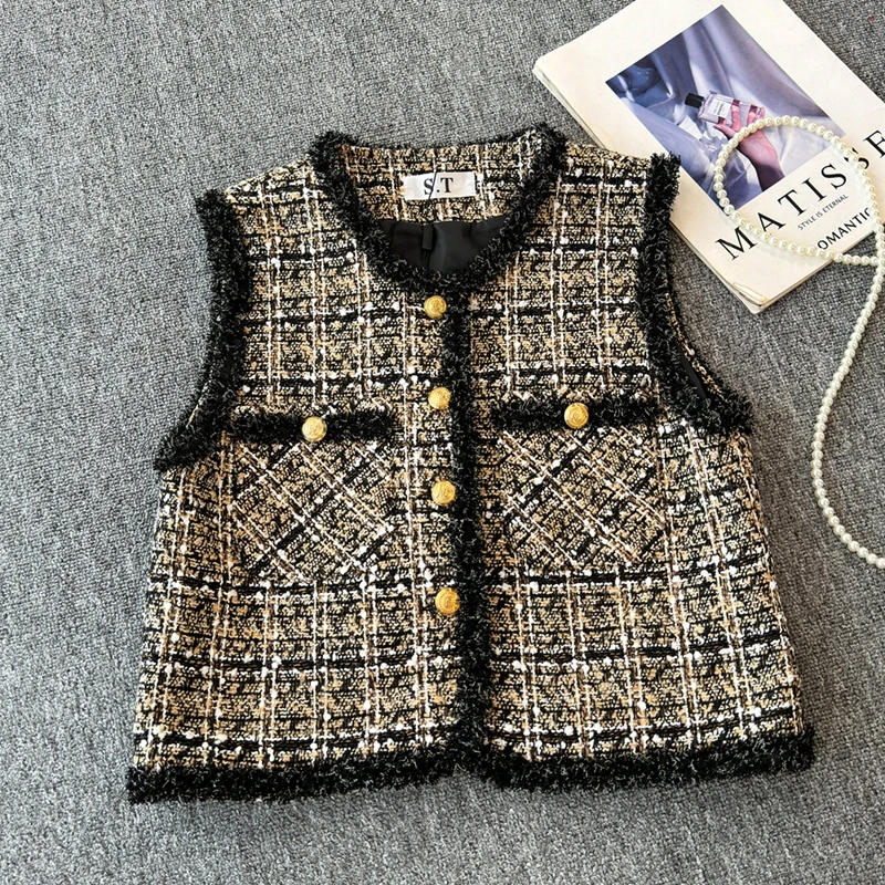 Gilet autunnale piccolo stile profumato da donna Cardigan girocollo di lusso elegante temperamento plaid top senza maniche in Tweed grossolano