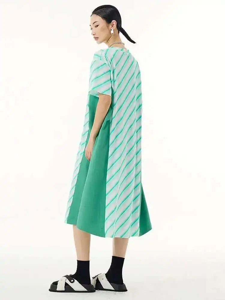 

Women Purple Striped Color-block Big Size Dress New Round Neck Short Sleeve Fashion Tide Spring Summer