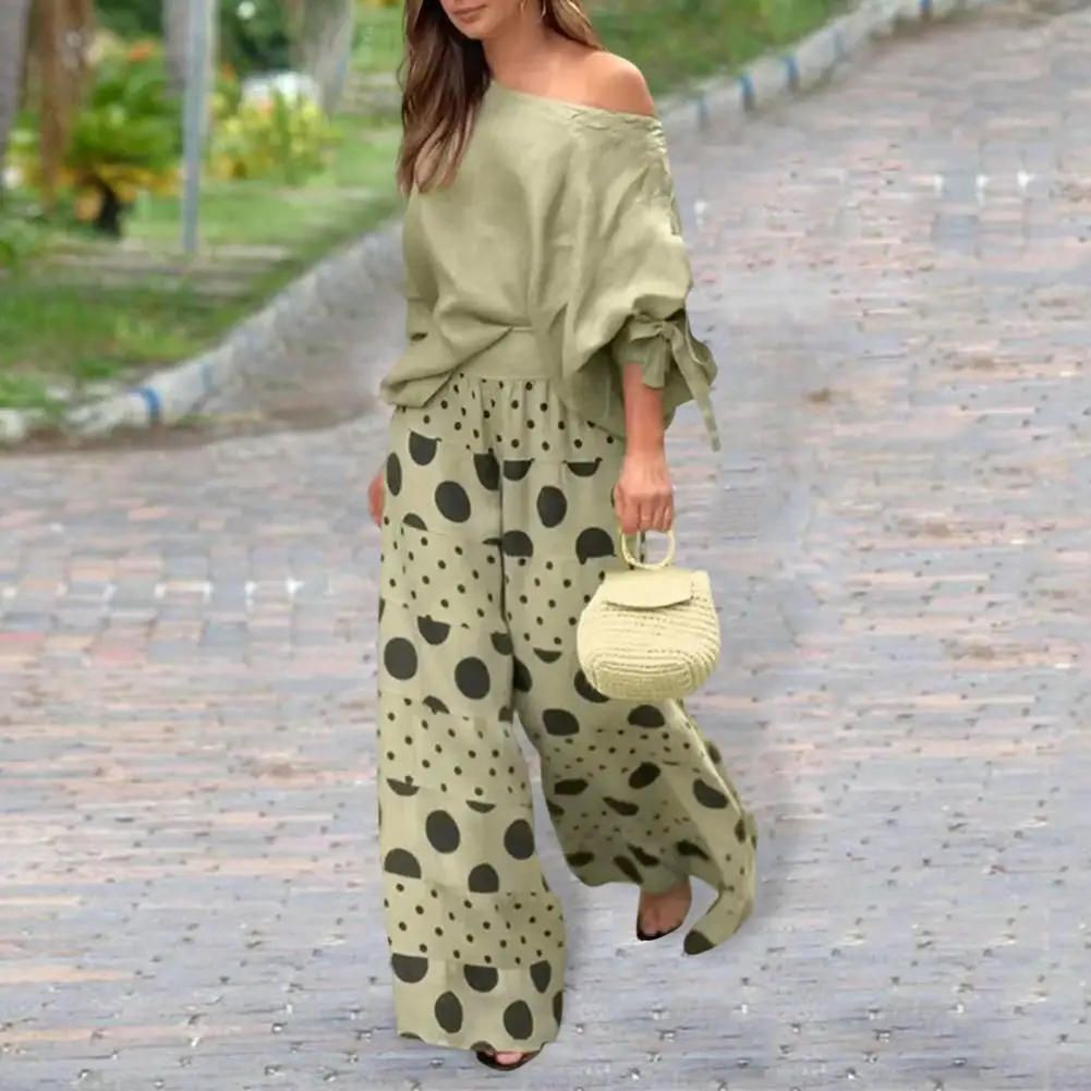 Summer Women Suit Stylish Women's T-shirt Pants Set with One Shoulder Top Bow Cuff Detail Wide Leg Trousers Casual Dating for A