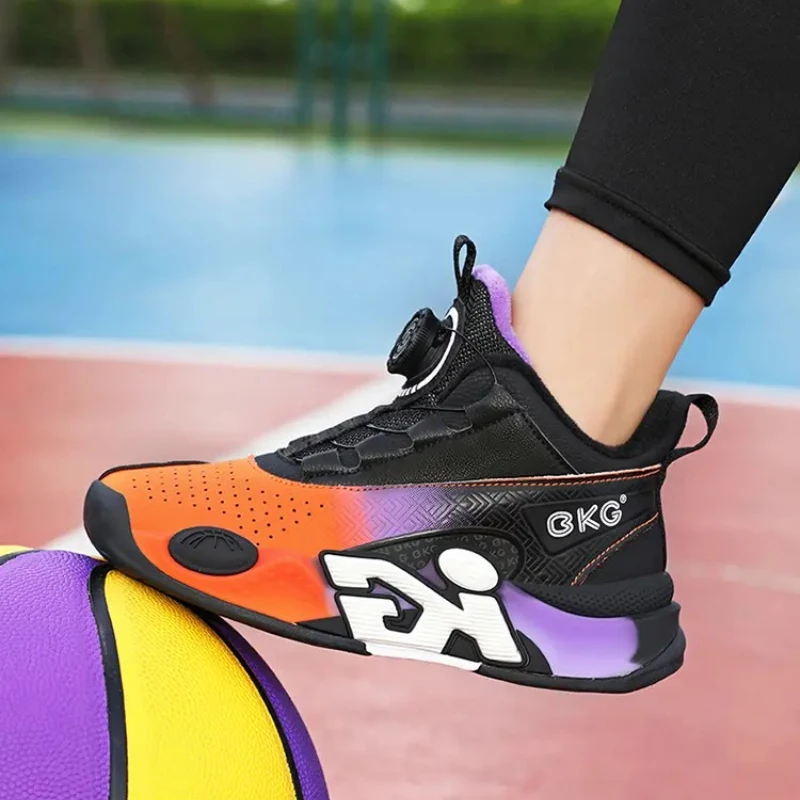 

Children's Training Basketball Shoes Boys' Spring New Rotating Buckle Sneakers Youth Fashion Leather Breathable Footwear 32-41