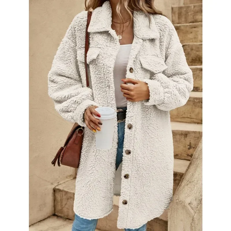 Winter Fleece Trench Jackets Women Long Sleeve Lapel Plush Coat Jackets Loose Long-Cut Coat Trend Open Button Outwear Trench