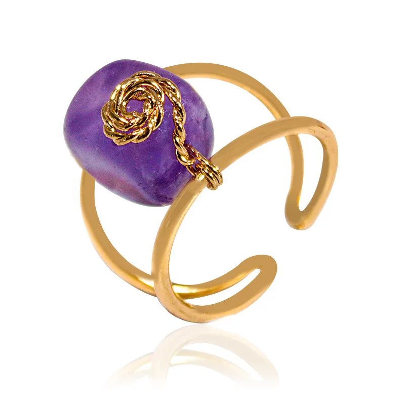 

Handmade genuine natural crystal rough winding ring rough stone copper wire winding around double flower opening adjustable ring