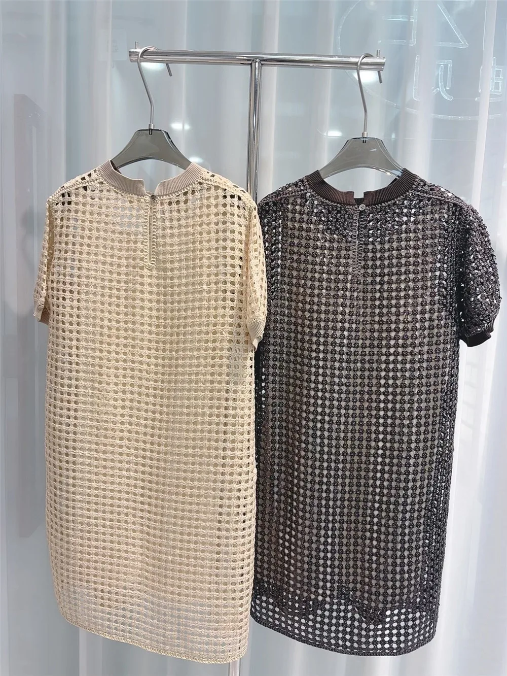Heavyweight Sequin Open-Knit Short-Sleeve Dress Women Fashionable Straight Midi Skirts Includes Inner Lining