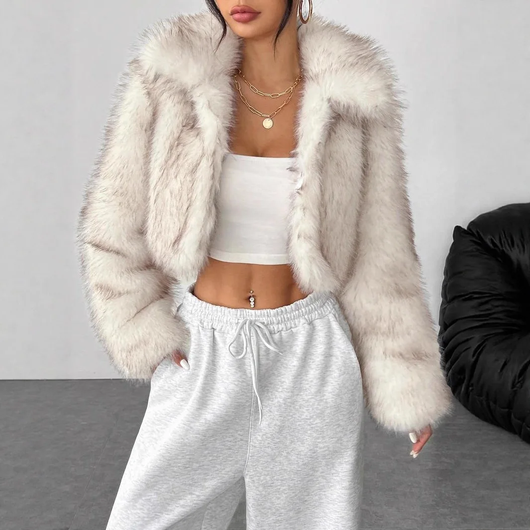 Gradient Winter Women Mink Fur Jacket Short Solid Turn Down Collar Lady Eco Fur Coat Long Sleeve Open Stitch Thick Furry Outwear