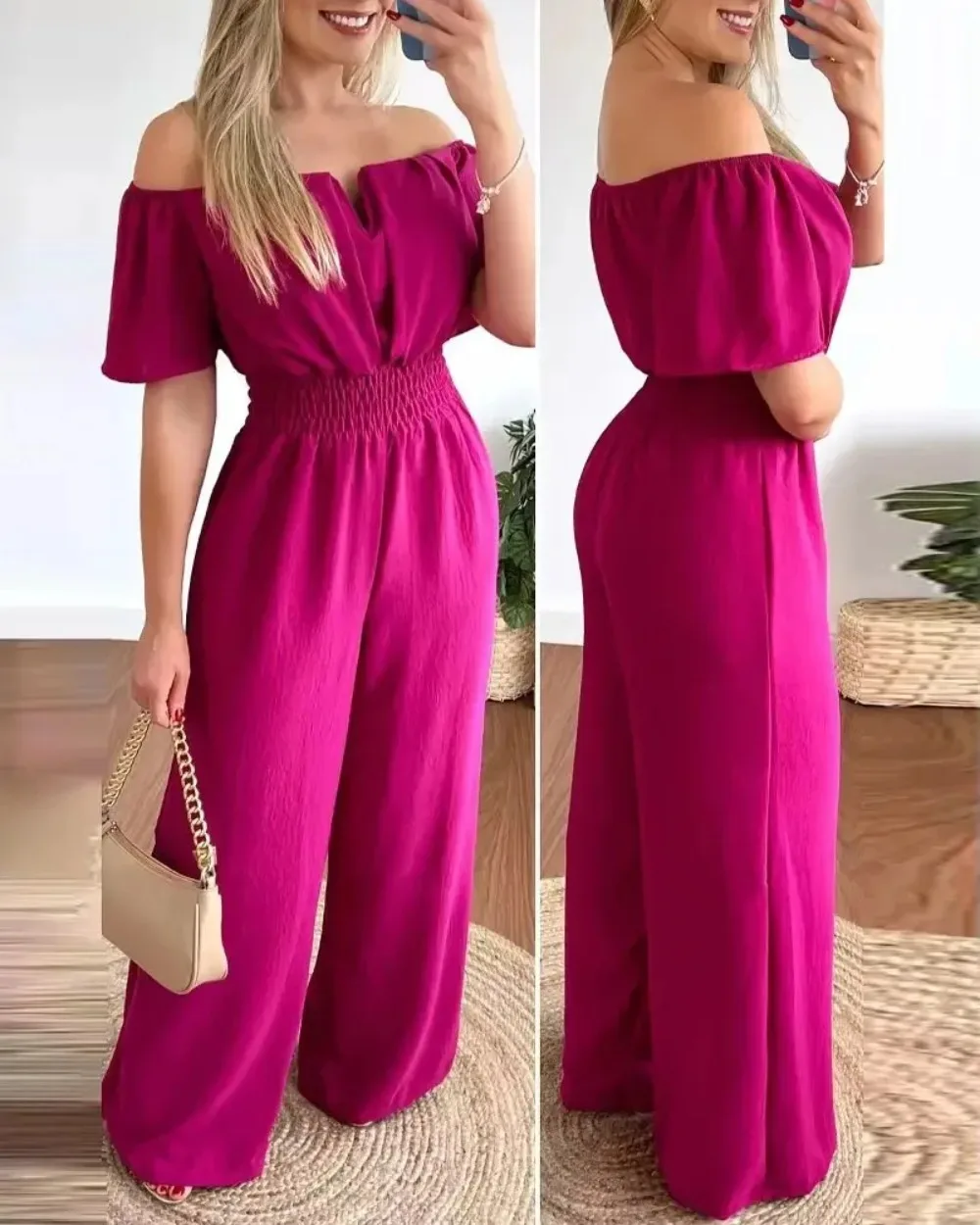 

2024 Summer Fashion Solid Wide Leg Jumpsuit Women Sexy Beach Style Slash Neck Off-shoulder High Waist Long Jumpsuit Womem