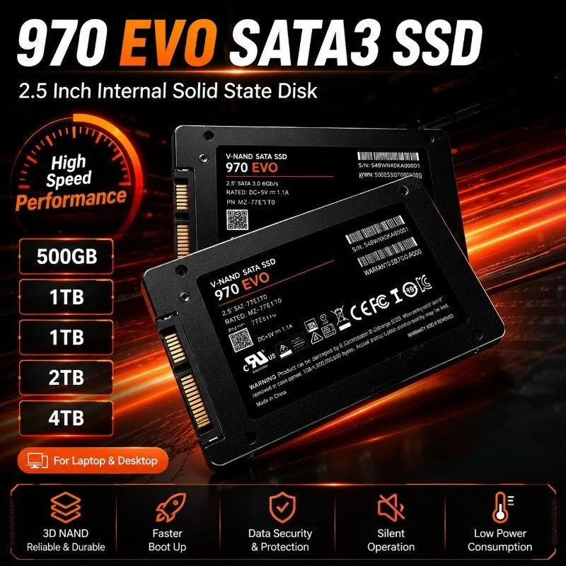 970 Evo 2.5 Inch Internal SSD, SATA3 Solid State Disk 500GB 1TB 2TB 4TB, HDD Hard Drive for Laptop, Microcomputer & Desktop PC