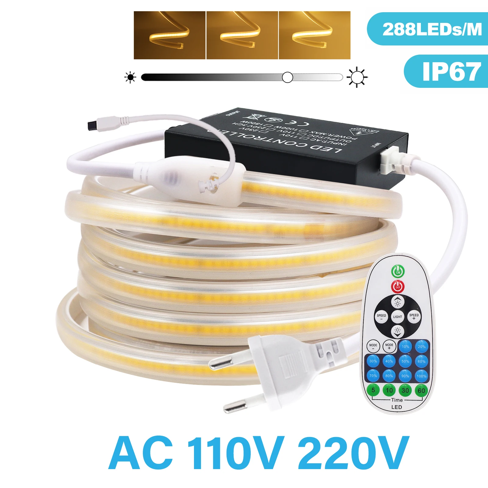 

COB LED Strip Lights 288leds/M 110V US Plug 220V EU/UK/AU Plug With IR 1500W Dimmer COB LED Tape Outdoor Garden Kitchen Lighting