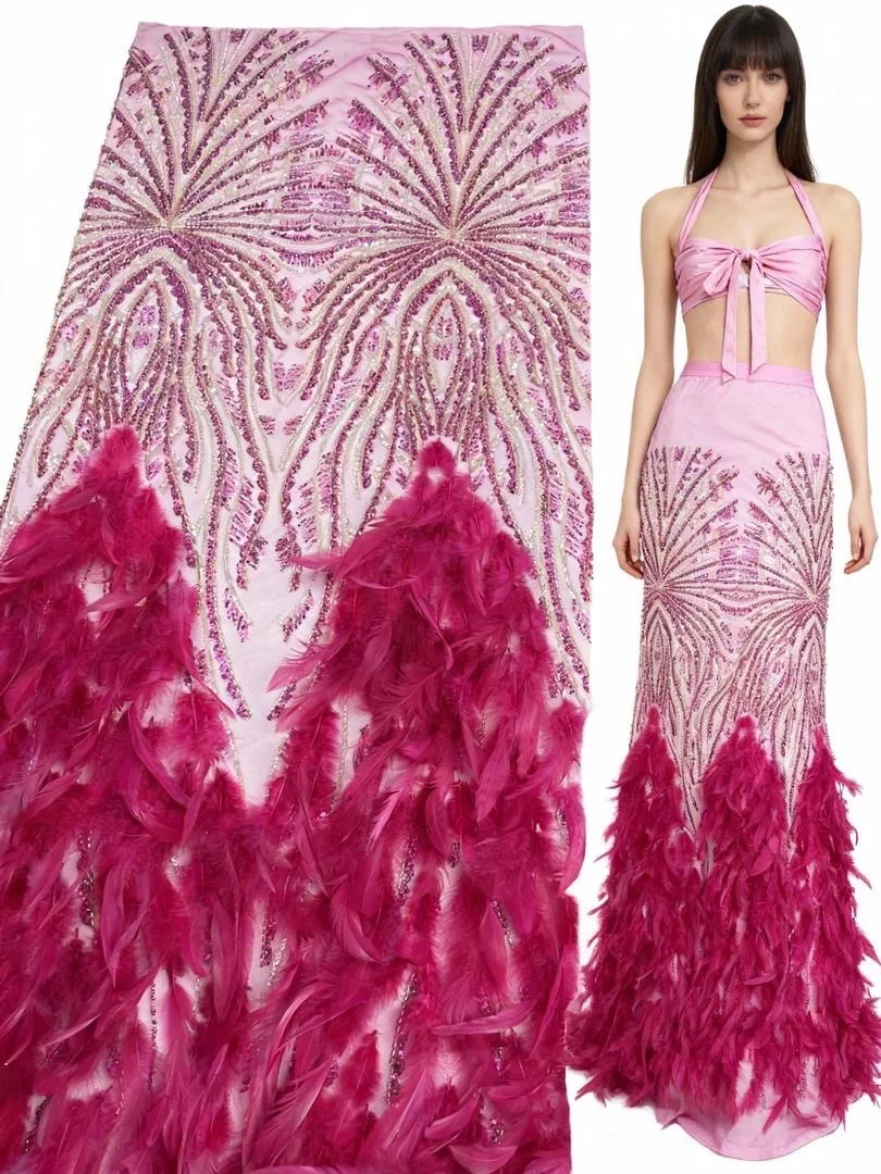 

Роскошная африканская 3D кружевная ткань с перьями и бисером, 2024, высокое качество, вышивка, блестки, нигерийский французский стиль для шитья свадебной вечеринки