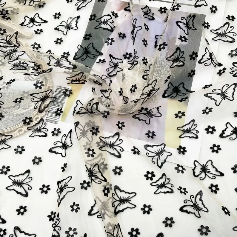 3 colores mariposa flor flocado tela de encaje mariposa flor bordado tela de tul para niña vestido tutú boda