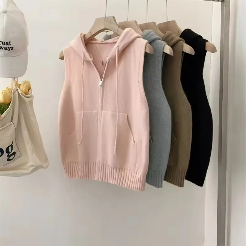 

Осенний корейский однотонный кардиган с капюшоном, свитер, жилет, пальто, женский корейский модный жилет без рукавов в британском стиле, женский топ