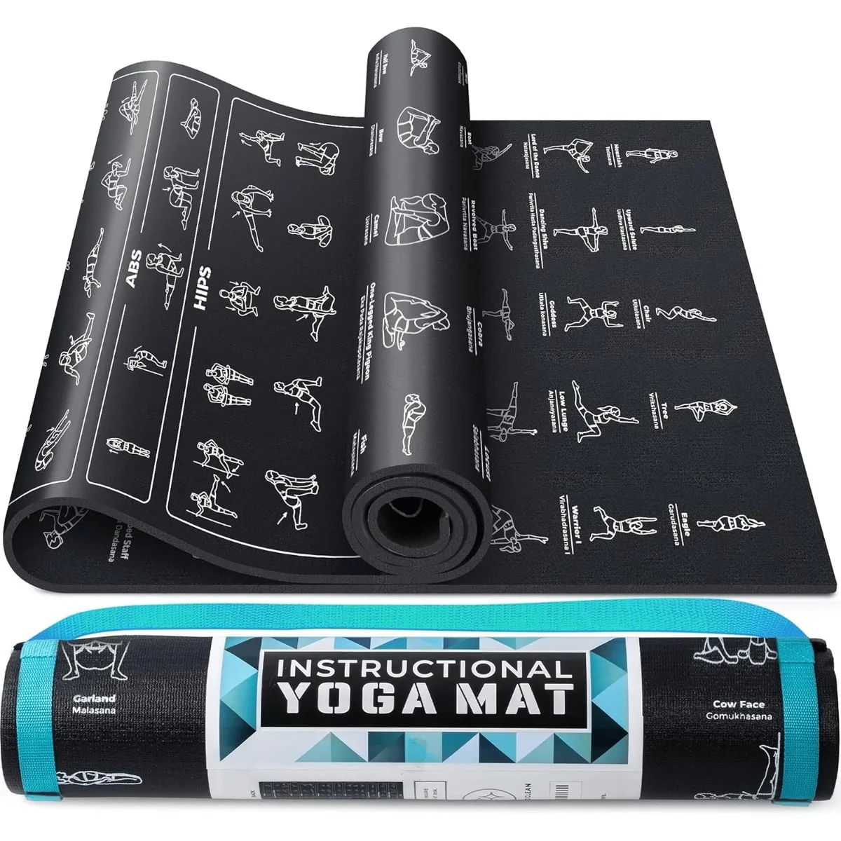 

Instructional Yoga Mat with Poses Printed On It & Carrying Strap - 75 Illustrated Poses & 75 Stretches - Cute Yoga Mat