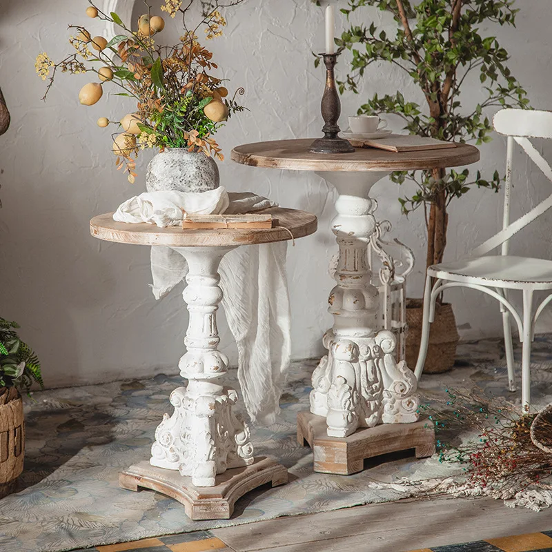 French retro solid wood round small round table living room coffee table and chair combination reception casual negotiation milk