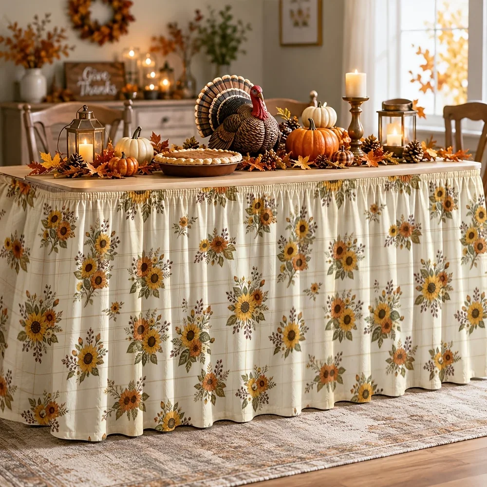 One table skirt with printed polyester, featuring a retro floral design in a country style,depicting sunflowers in a beige color