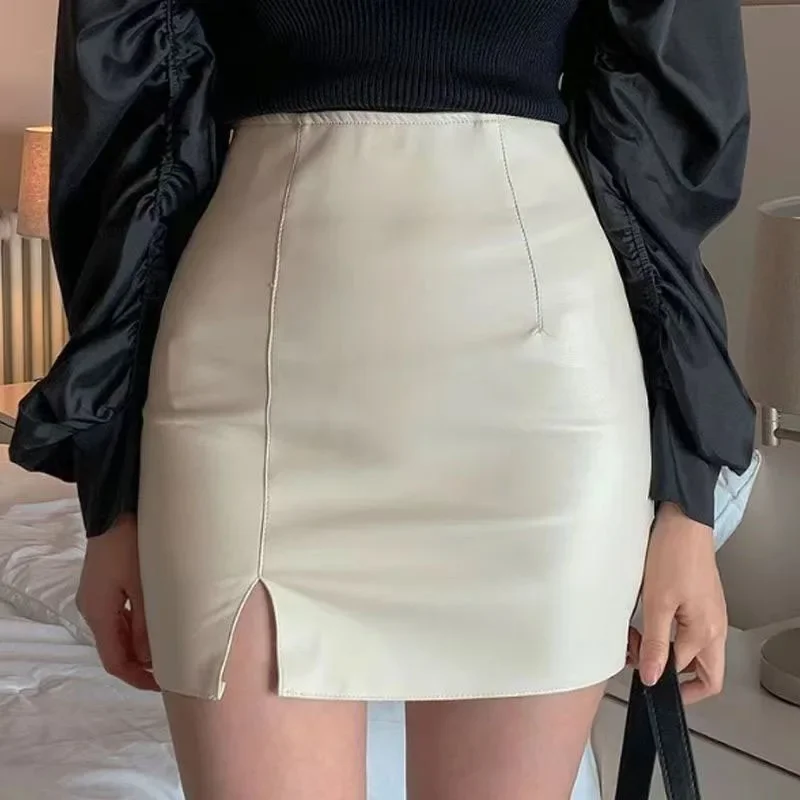 Smvp Balck PU Leather Mini Skirt Women Sexy Skinny High Waist Side Split Hip Skirts Autumn New Korean Office Lady Short Skirt