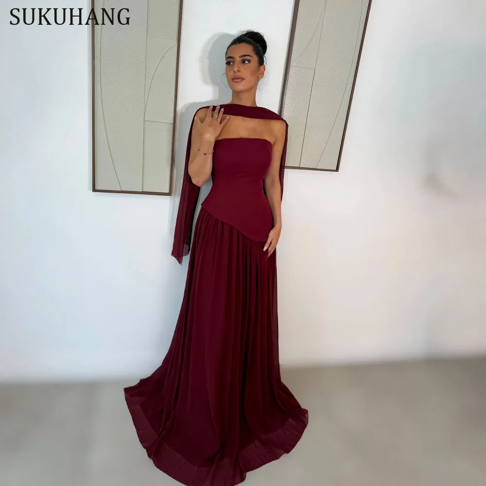 

Вечерние платья SUKUHANG из красного шифона с шалью, А-силуэт, для выпускного вечера и торжеств, индивидуальный пошив женских нарядов