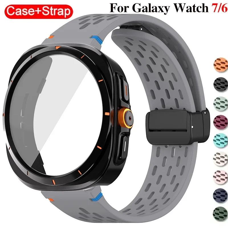 For Samsung Galaxy Watch 7 6 40mm 44mm Silicone Magneti Buckle Band +Change To Case Tempered Glass Full Protective Cover Bumper