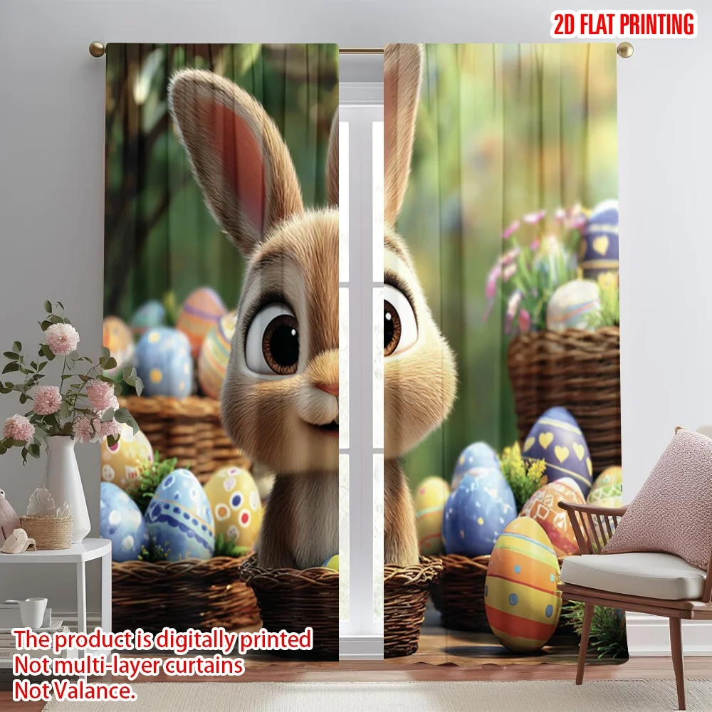 

2D flat printing 2pcs Window Treatment Curtains Easter Bunny with Eggs Digital Printed Polyester Drapes All Season Party &