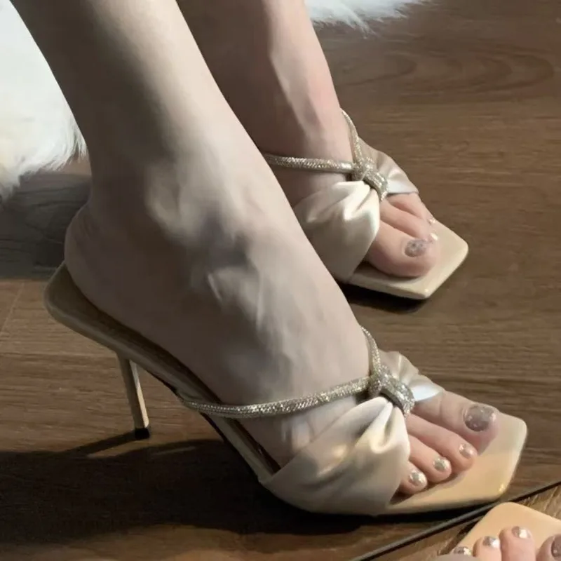 New Summer Square Bow Rhinestone High Heels Women's Thin Heel One-line Sandals and Slippers Women's Outward Wear Versatile
