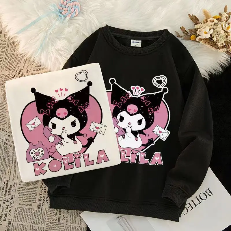 

Новый стильный свитшот Sanrio для девочек Kuromi, модный свободный свитшот с длинными рукавами и героями мультфильмов для мальчиков на весну и осень, для детей среднего и старшего возраста