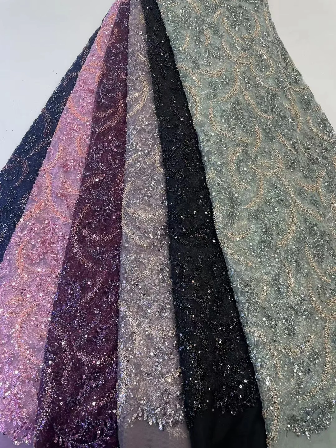 

High-grade yarn-dyed embroidered mesh fabric, sequined beads, wheat ears, colored wedding dress, performance clothing accesso