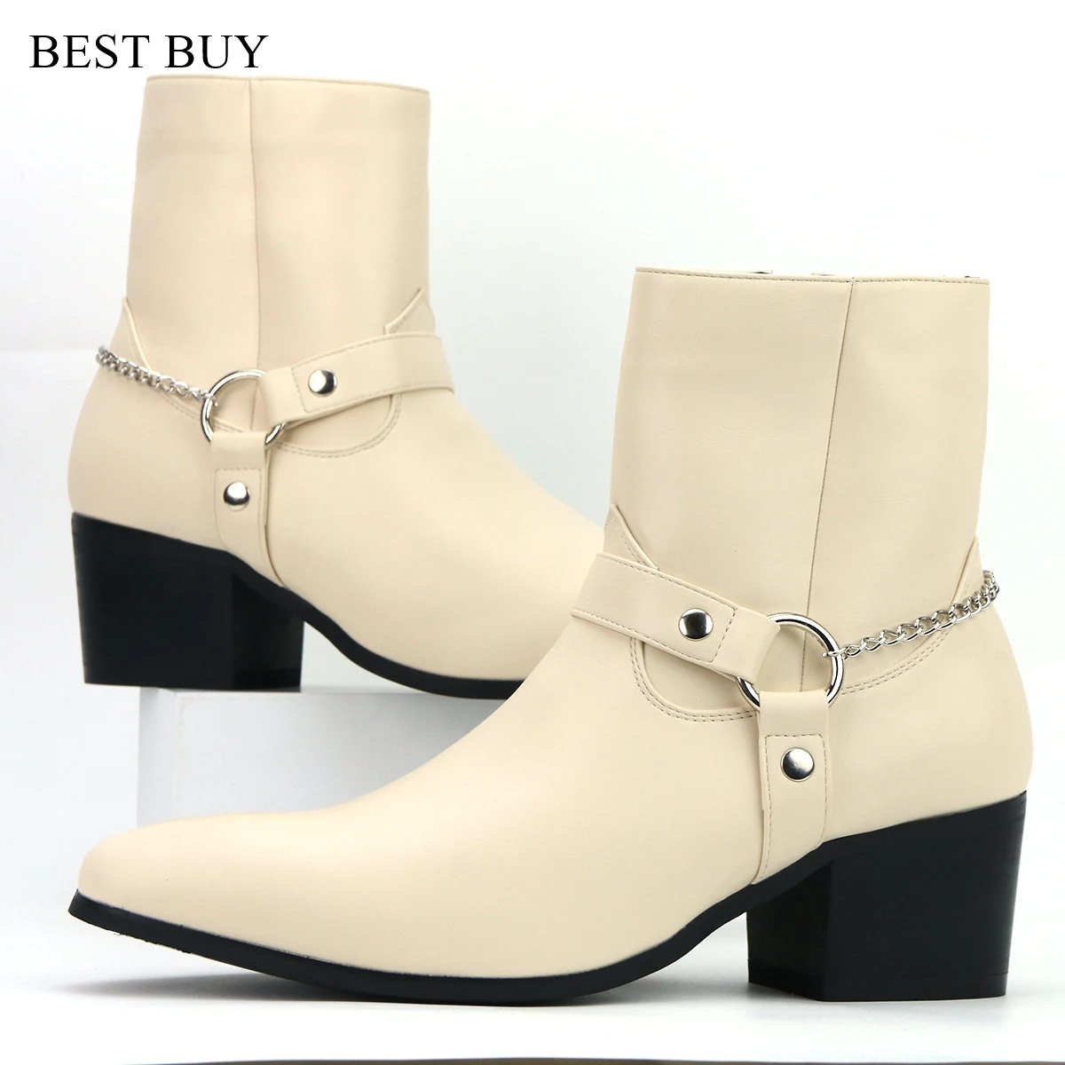 New Beige /Black Leather Shoes Chains Buckle Men Boots Stacked Heel Anke Boots Side Zip Men Fashion Shoes motorcycle boots