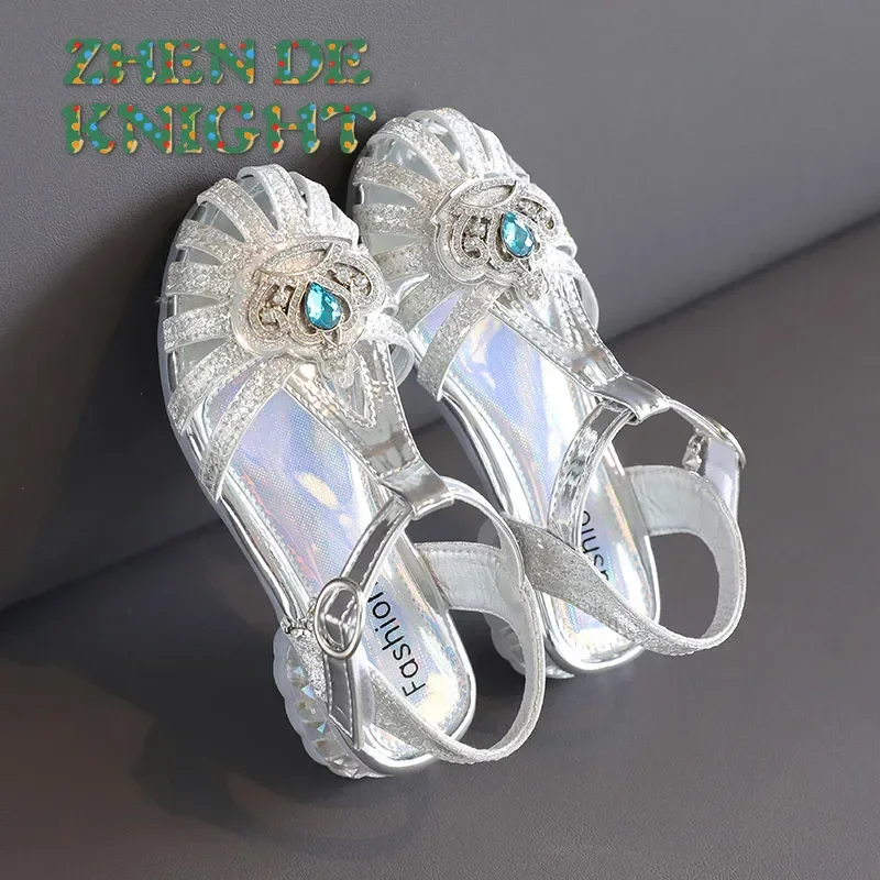 2024 New Summer Crown Baby Soft Sole Children's Crystal Shoes Closed Toe Princess Shoes Girls' Princess Sandals