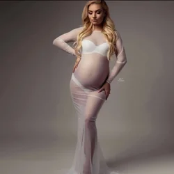 2024 See Through Stretchy Mesh Maternity Photography Dresses Full Sleeve Boat Neck Pregnancy Photo Shoot Long Dress