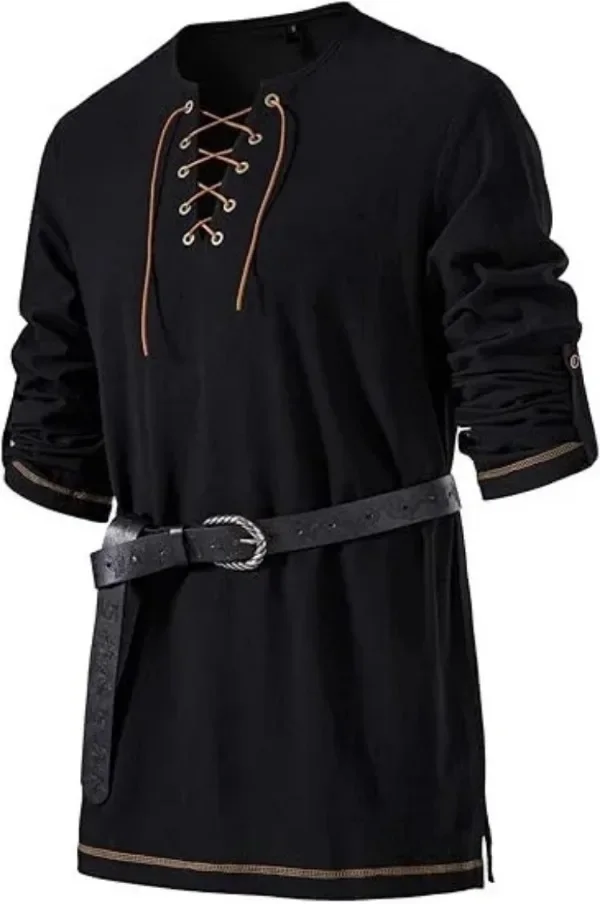 Mittelalterliches Schnürhemd für Herren mit Gürtel, langärmelig, Vintage-Piraten-Wikinger-Oberteil, Halloween-Cosplay-Kostüm, lässige Bluse – Detail 12
