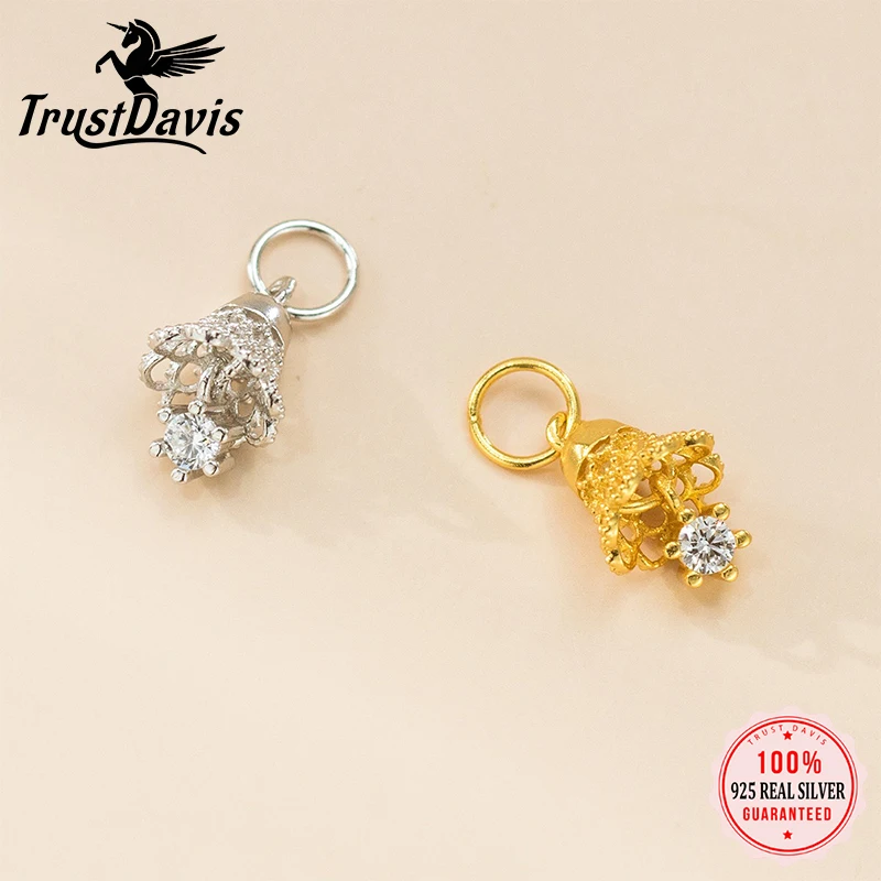 TrustDavis Real 925 Sterling Silver Zircon Small Bell Pendant Handmade DIY Necklace Bracelet Accessories Fine Jewelry DZ1801