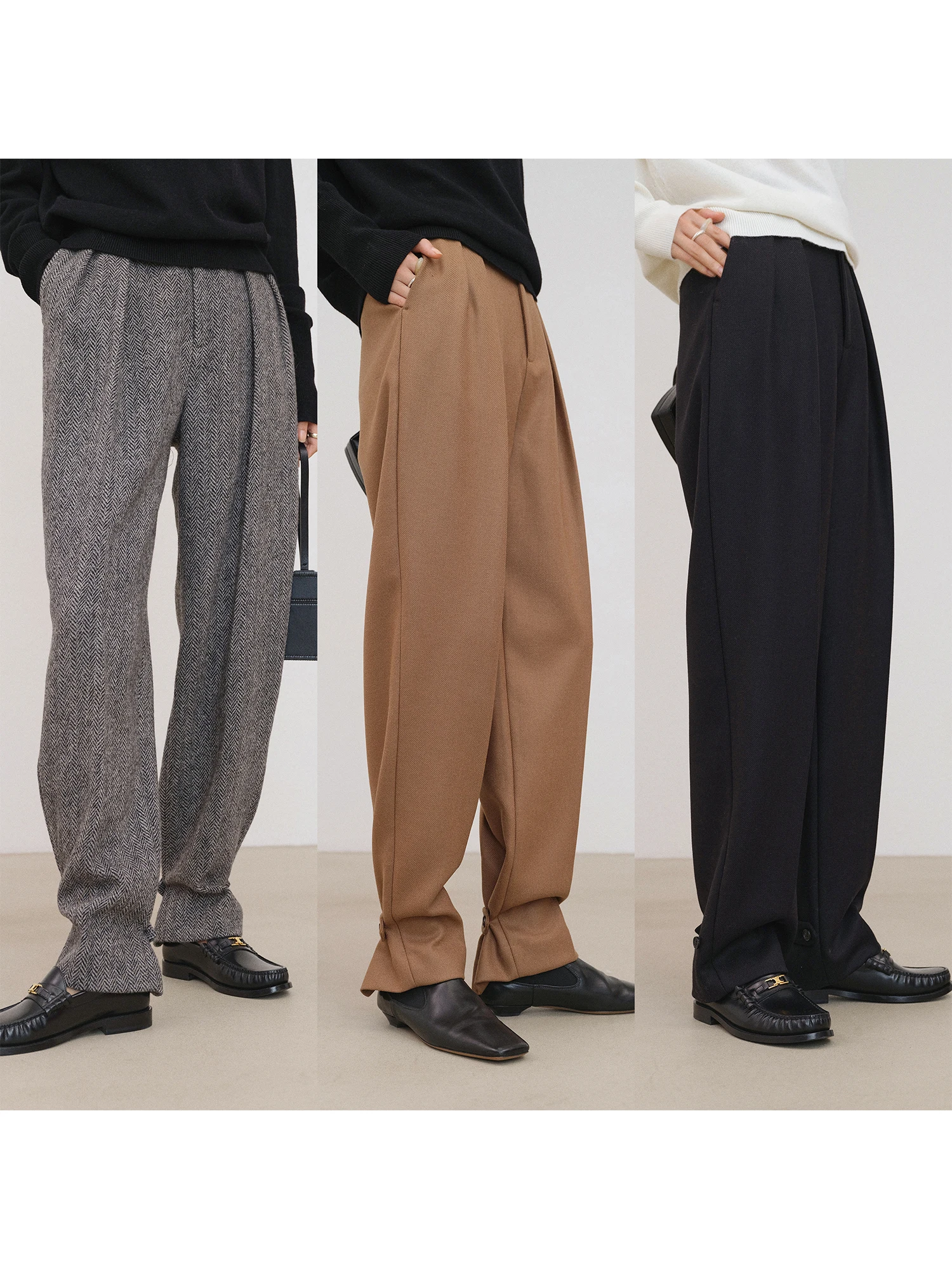 

MRS Studios Thiened Woolen Floor-Length Suit Pants Casual Pants Adjustable Cuff Autumn Winter Collection High Waist Straigh...