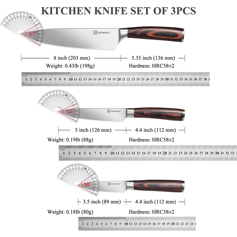 KEEMAKE Chef's Knives Set 3PCS High Carbon Stainless Steel Kitchen Knife Cutting Tools Ergonomic Pakkawood Handle Home Cooking