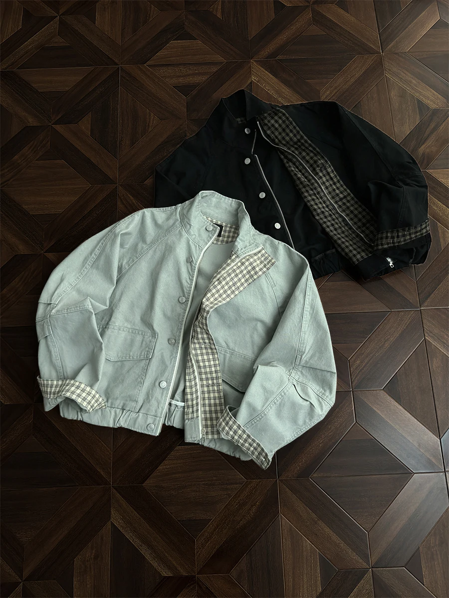 

Men's Casual Workwear Jaet with Big kets Stand Collar Loose Fit Retro Sle Cheered Patterned Autumn Faion Outerwear