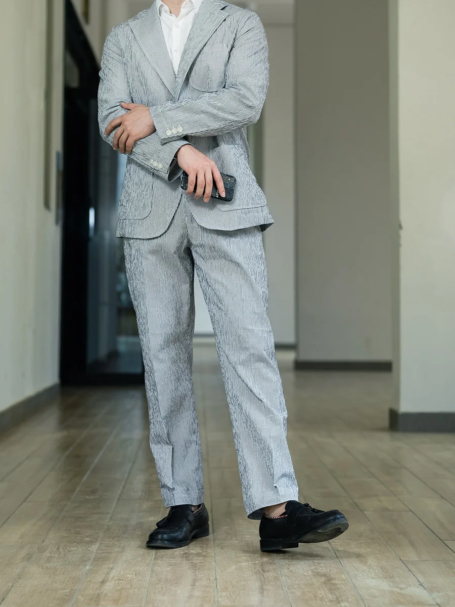 POT&CRAFTSMAN spring and summer new men's black striped cotton bubble yarn casual pants Slim nine pants Paris buckle