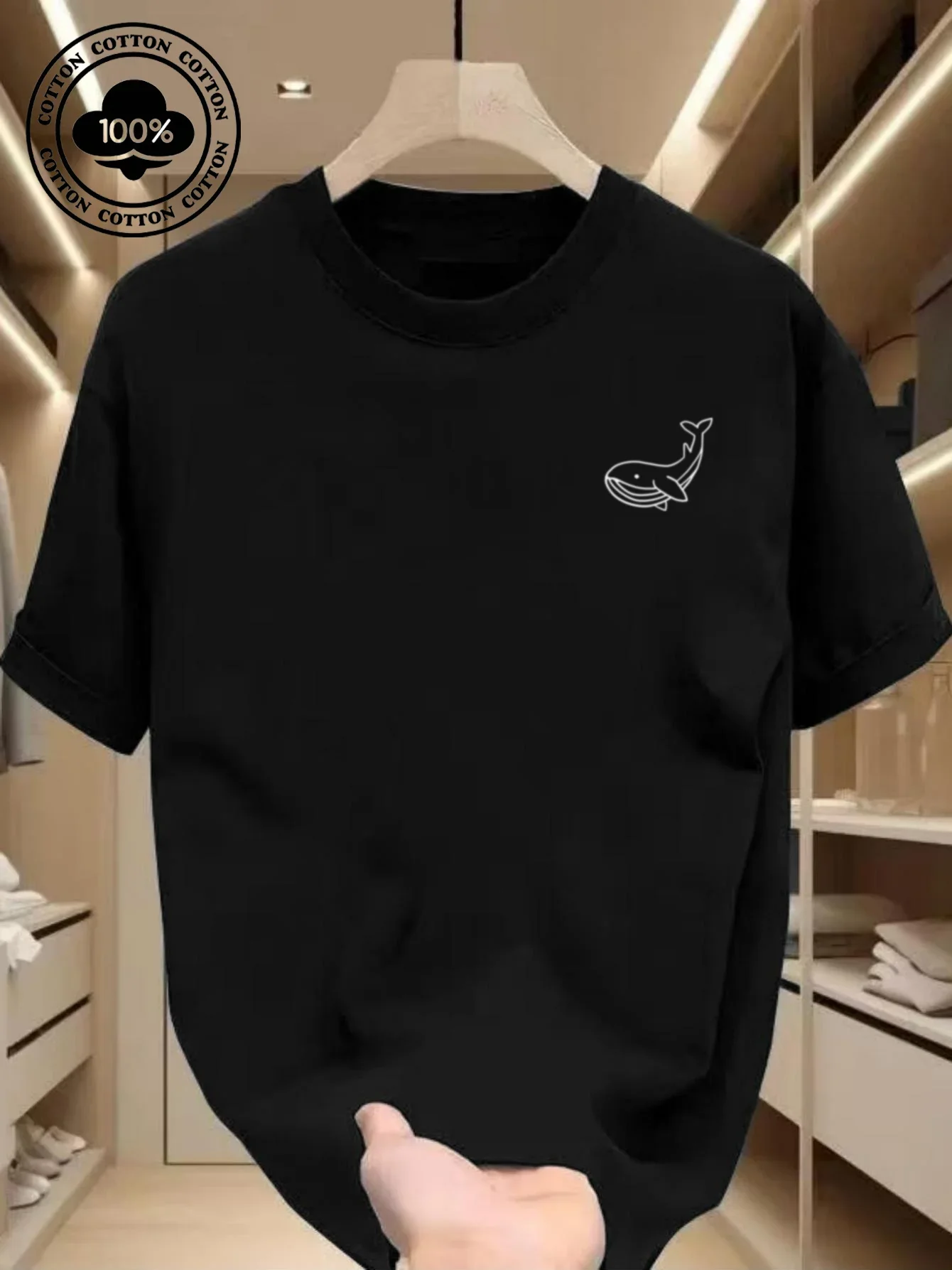 

Pop Men's Summer style Cotton Fashionable Casual Sports Loose Large Whale Pattern Printed Round Neck Short Sleeve T-shirt Top